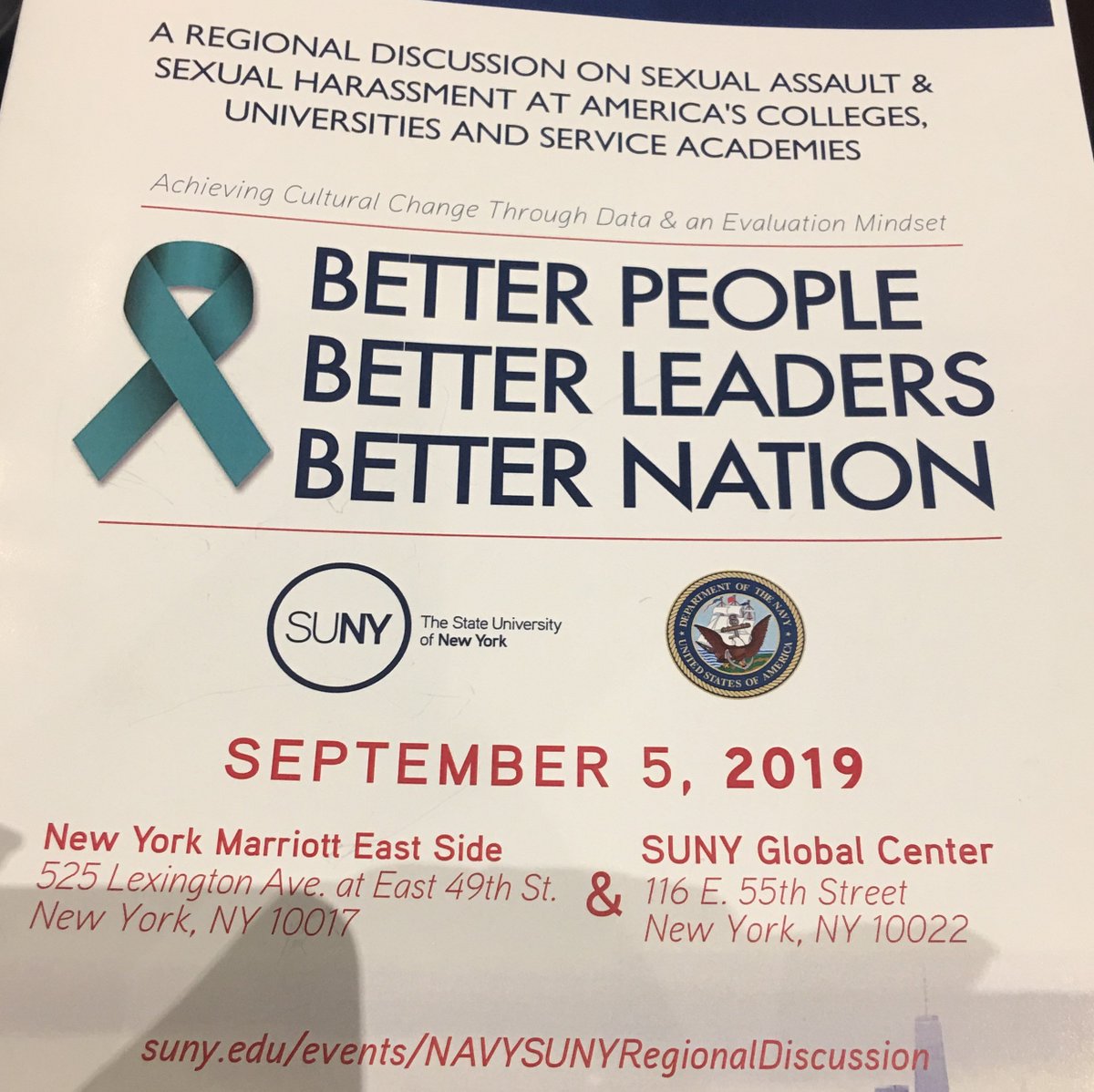 Navy leaders attend the Regional Discussion on Sexual Assault and Sexual Harassment at America's College, Universities and Service Academies in New York City today. In attendance are the SecNav, VCNO, MCPON & other Navy leaders. #SUNYNavyUSMC #TalkActEnd #SAPR RT/MT