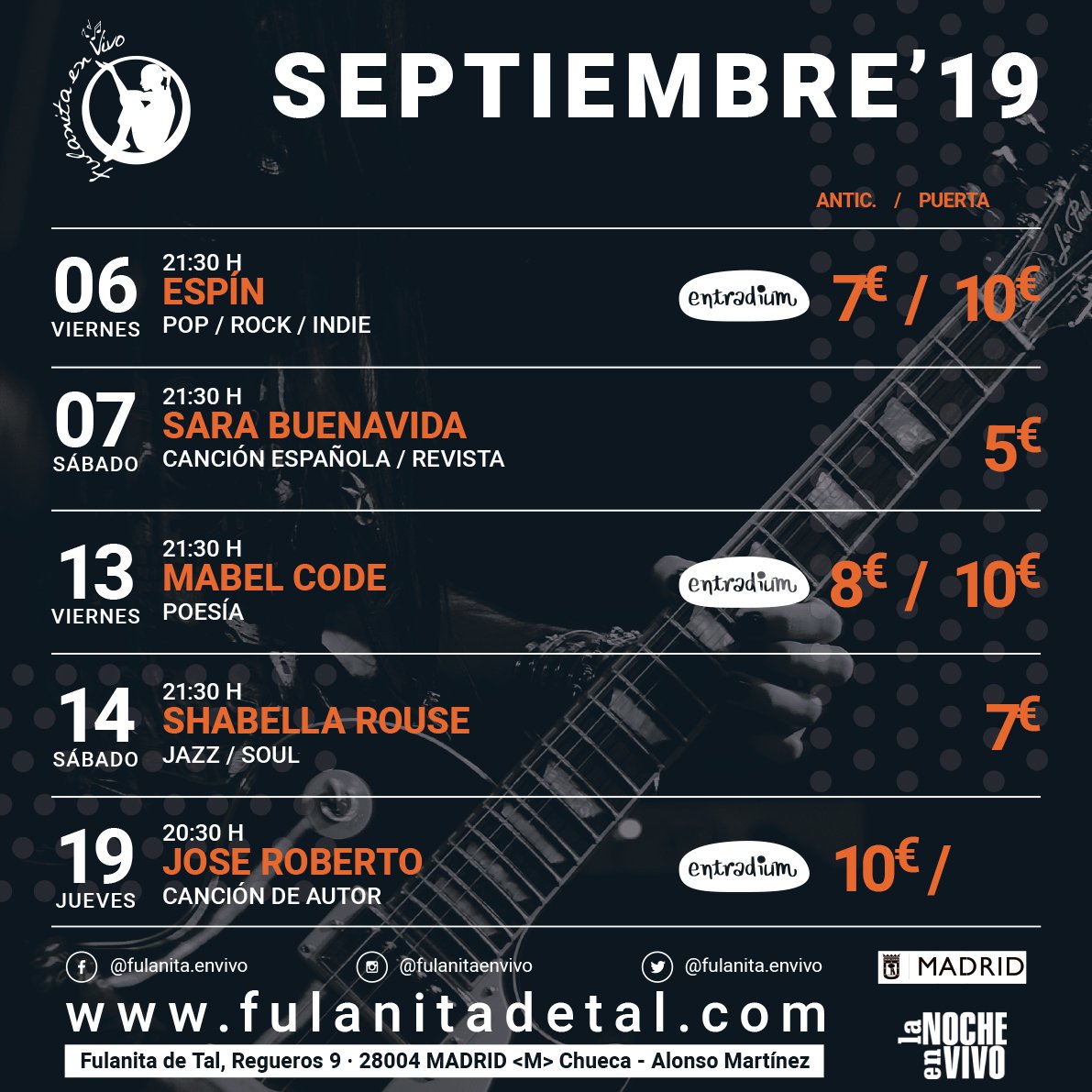 fulanitaenvivo's tweet photo. #SEPTIEMBRE... mes de comienzos, vuelta al cole y buena música!! Volvemos a tope con los #conciertos y #eventosendirecto! 🎶🤟

#DavidEspín #SaraBuenavida #MábelCode #ShabellaRouse  #JoseRoberto #JulsDelReal #NAMOMUSIC #AdriMoreno #SIXKILLER #GermánMeoro https://t.co/cl3MWwHFdA