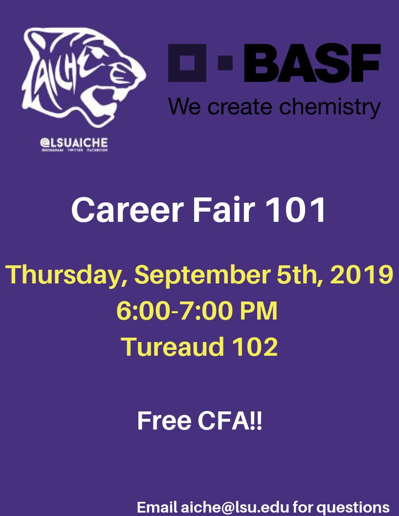 Hey y’all, we have our first meeting of the semester tonight at 6 pm! BASF will be coming and giving us tips for the career fair next week. Be sure to come network and get some valuable information! There will be free food!