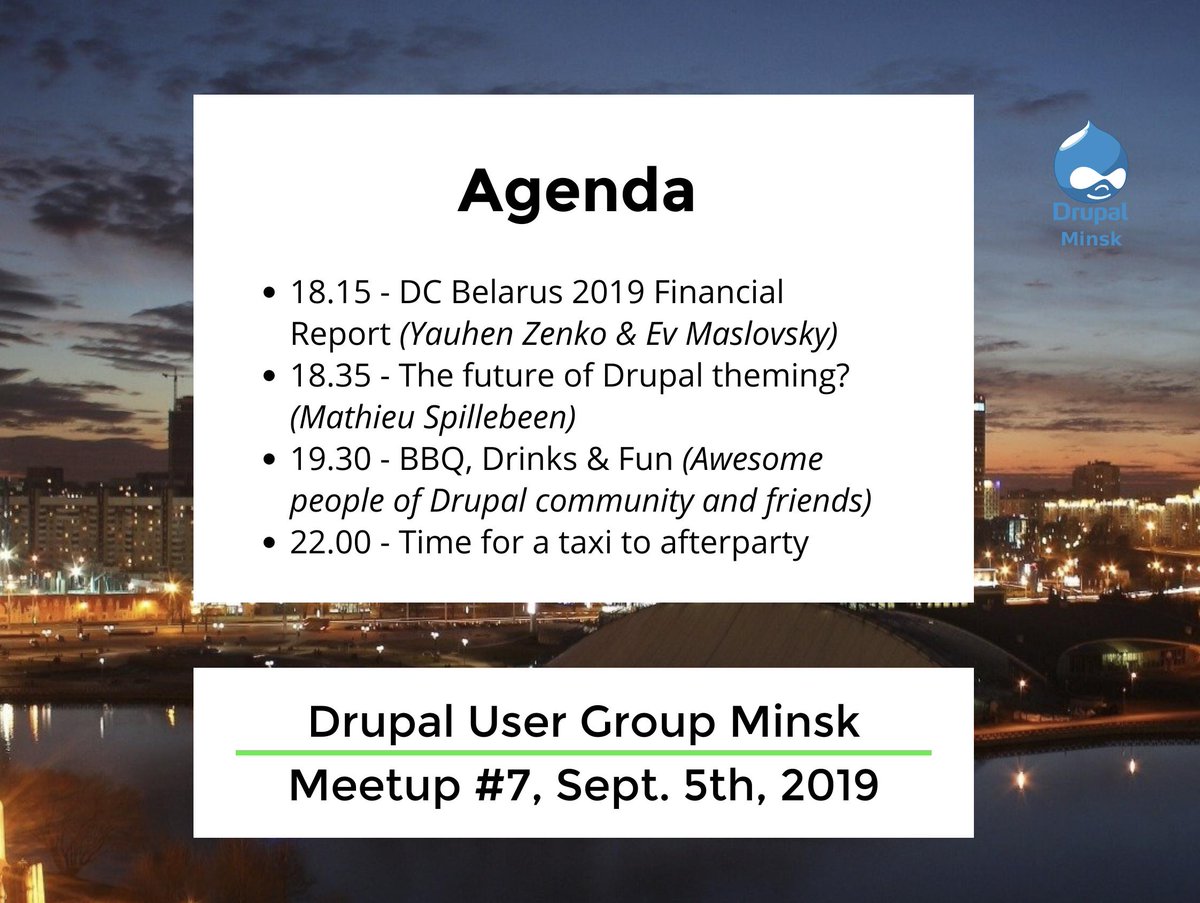 zeuty's tweet image. Hey, #drupal twitter, what do you think about our meetup agenda for tonight? It should be very friendly and yummy! #community #drupalthanks