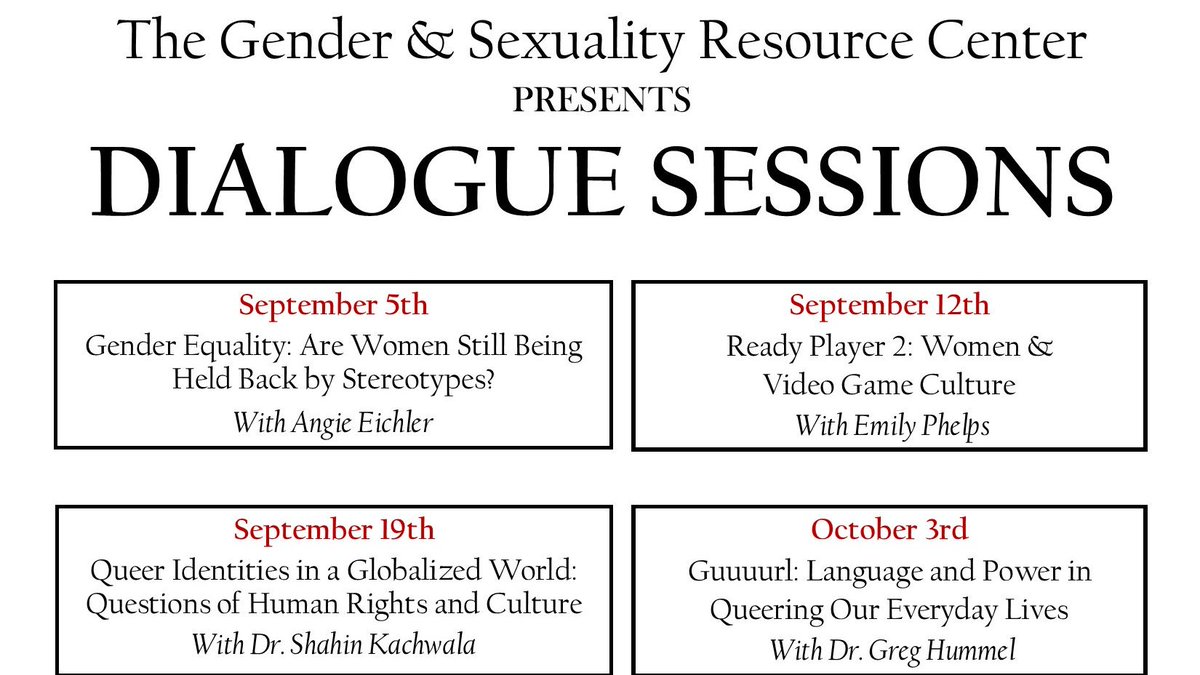 OneontaGSRC's tweet image. Our Dialogue Sessions series kicks off tonight at 6pm in the Butternut Valley Room in Hunt Union! LEAD Credit will be offered! See the image for the first four topics.