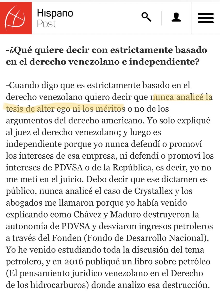 . @ignandez has since tried to claim that he DID NOT analyze the alter ego argument in the Crystallex case.But for some reason Crystallex characterizes his testimony extremely differently. 