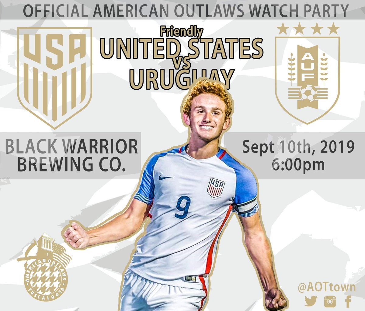 AOTTOWN's tweet photo. Join us at @BlackWarriorBC on Tuesday at 6 PM CT!
#RollYanksRoll 
#USAvURU https://t.co/Bwne08mvea