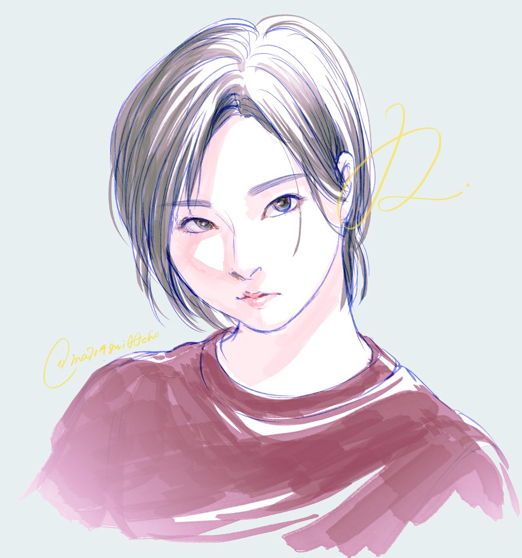 1girl solo short hair looking at viewer simple background shirt portrait  illustration images