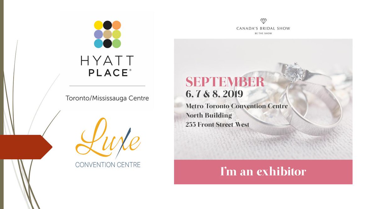 HyattCentre's tweet photo. Just one more day !!!  Starting tomorrow, Hyatt Place -Toronto / Mississauga &amp; Luxe Convention Centre will be at Canada's Bridal Show at the MTCC.   Come visit us at Booth #2032! https://t.co/ixo7rB1xDt