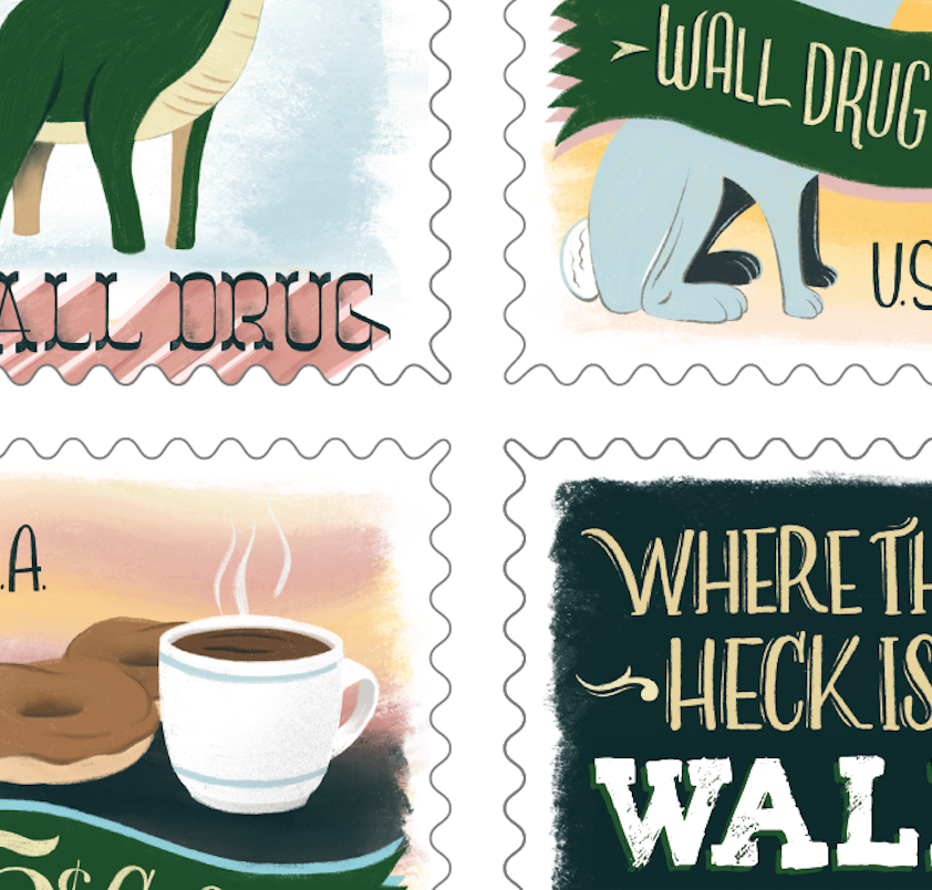 Sneak peek at the SD Stamp Show opening Friday, Sept 6th, 6pm at the Sioux Falls Design Center.

Each designer chose a South Dakota topic and will be designing a series of postage stamps within that theme.