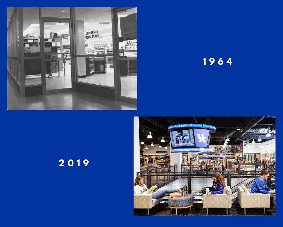 Sooooo if the 1964 UK Bookstore had a Starbucks, what would it be called? We're thinking the "No Wifi Cafe".....🧐

Shoutout to <a href="/UKLibraries/">UK Libraries</a> for this great throwback photo and <a href="/UKYbookstore/">UK Bookstore</a> for the fantastic shot of our renovated bookstore! Come visit us today!