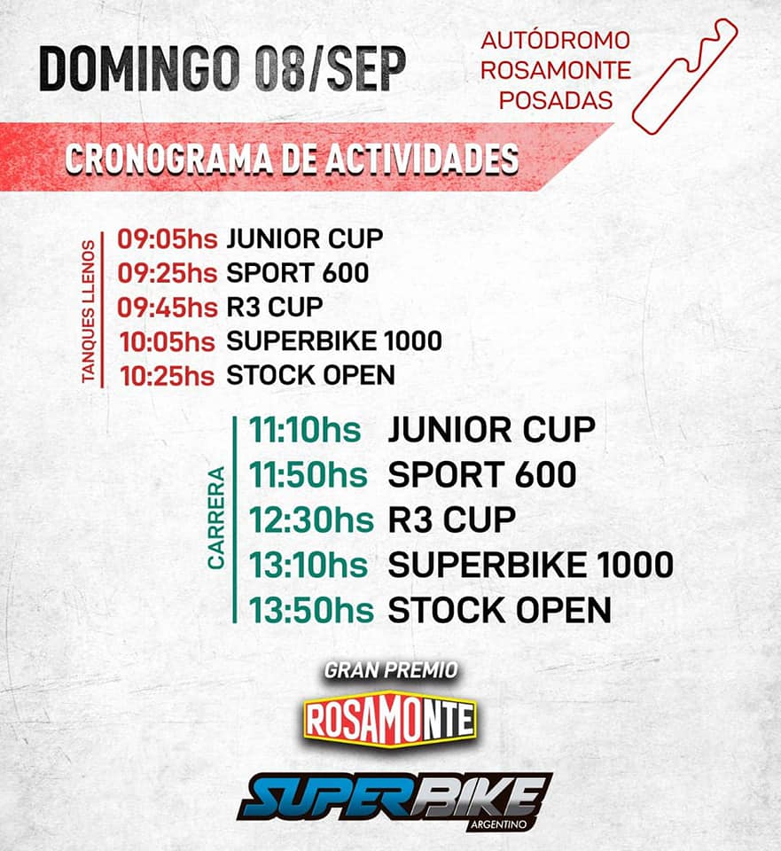 ⏰Agenda los horarios de la 5° fecha en #Posadas 💪📺 Domingo transmisión de Carburando por TyC Sports de 11:30hs a 13:30 😎 #SBKArPosadas