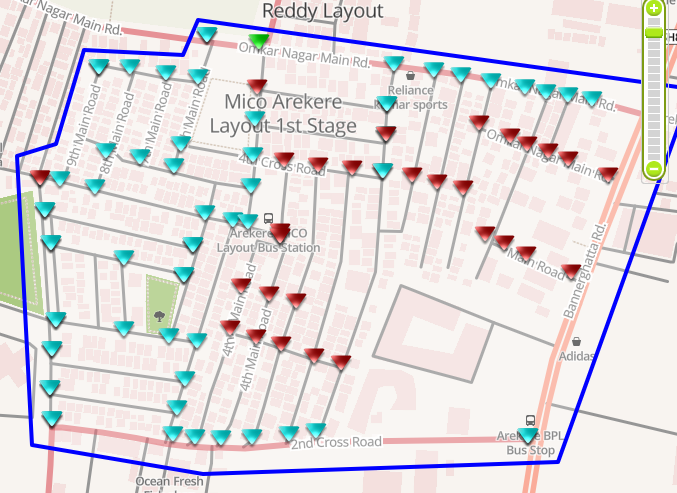 ashwinmahesh's tweet image. From city-level visualisations to neighbourhoods. Regular citizens themselves can collect and act on data. This shows the state of signage in Arekere MICO Layout (green=complete, blue=partial, red=no signs). With this, one can tell extent of what is needed.