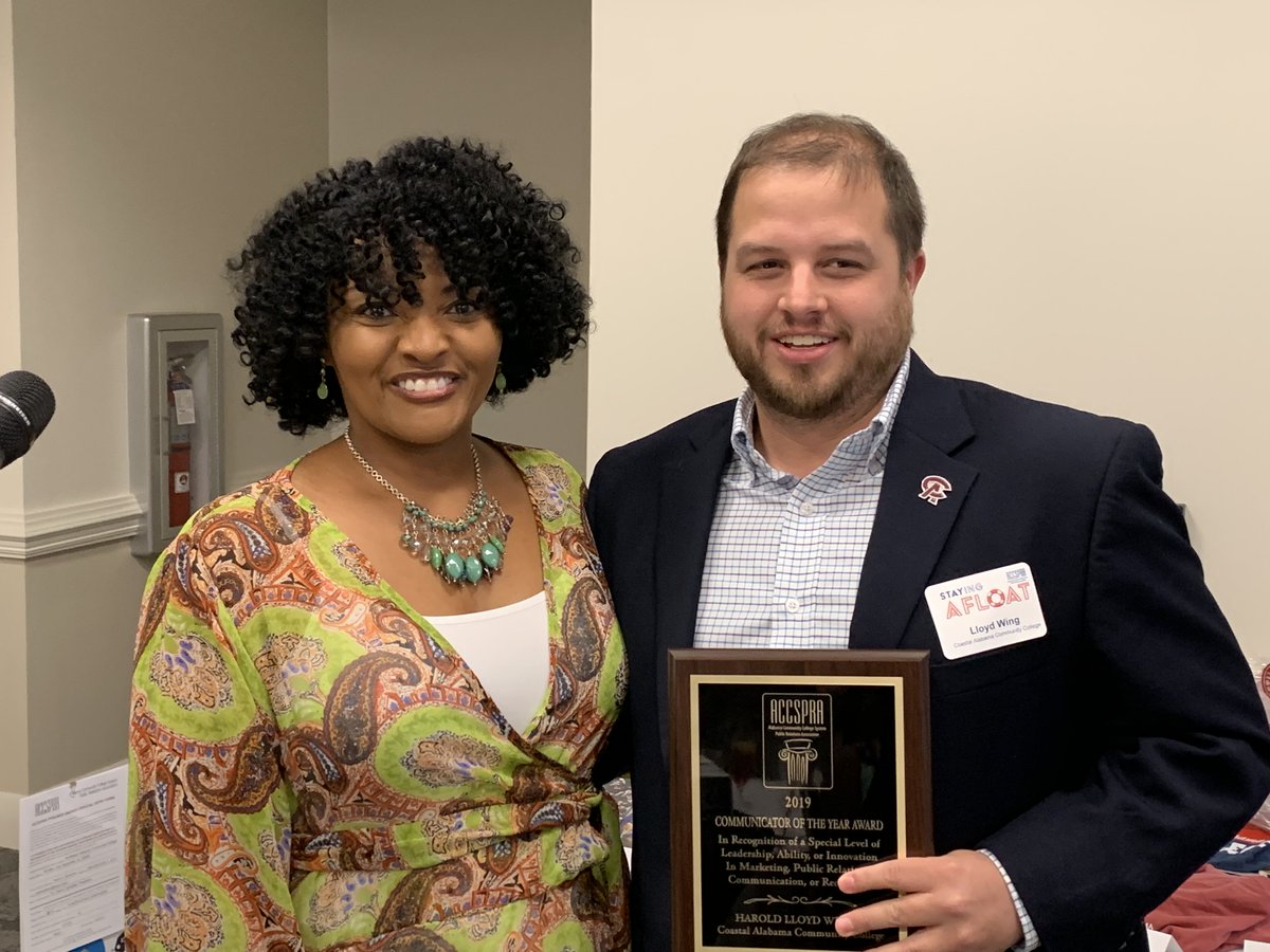 ACCSPRA's tweet photo. Congratulations to Coastal Alabama's Lloyd Wing, right, for being named ACCSPRA's 2019 Communicator of the Year! He was presented the award last night from Damita Hill, left, our 2018 winner.
@ACCS_Education 
@CoastalAlaCC https://t.co/8iD1ZGSeTL