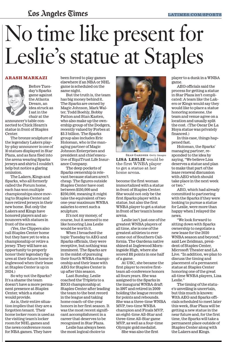 Lisa Leslie is going to get a statue outside of Staples Center. The Sparks and AEG will talk about the specifics soon but it will be the 11th in Star Plaza and the first honoring a female athlete. It will be the first statue of a WNBA player outside the home arena of a WNBA team.