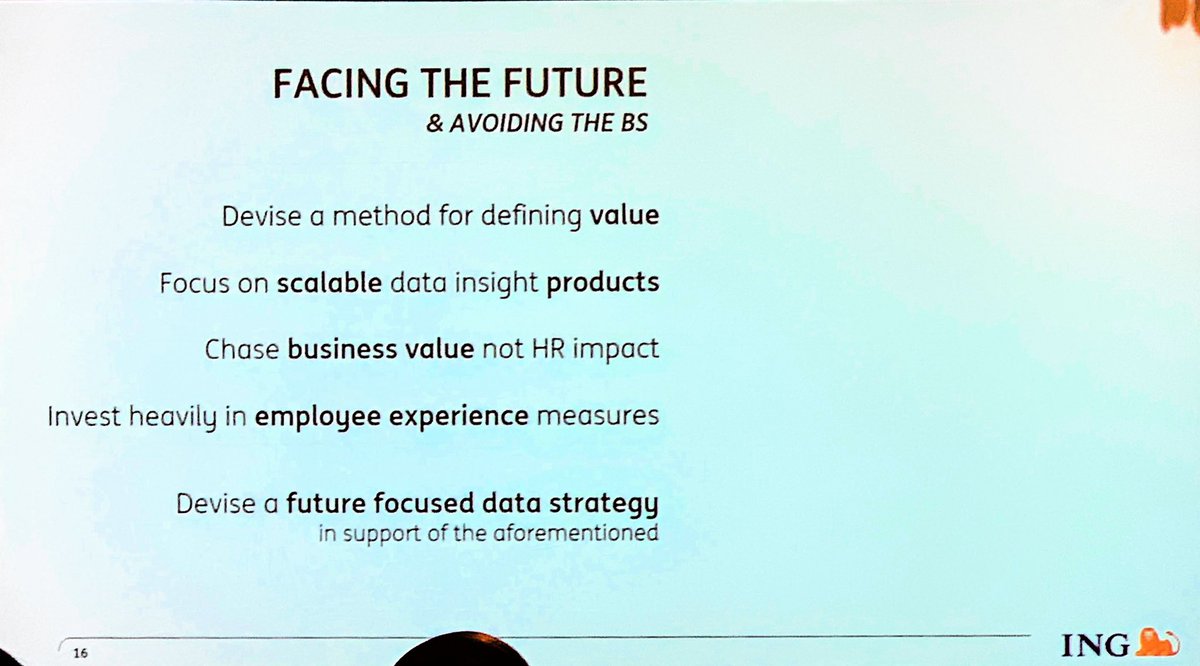yelakbiru's tweet photo. Brydie Lear from ING Bank summarizing her  “Facing the future of #peopleanalytics” presentation highlighting the need to look at 
- Business value
- Creating  scalable products
- Improving employee experience
- Future focusing your data strategy 

#PAFOW https://t.co/OOlMqb25ZV