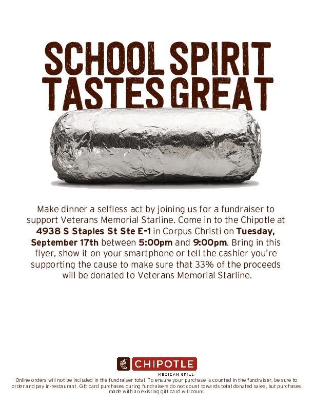 Join us at Chipotle on Tuesday, September 17th from 5:00-9:00 PM! Hope to see you there!