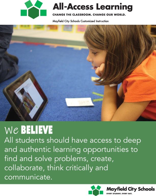 MattBradic's tweet photo. All-Access Learning in Mayfield.  Customizing and personalized  instruction for EVERY student, regardless of diagnosis or disability.  We are adapting to the learner, not the other way around.  Not every student learns the same way, and choice is key! https://t.co/iCjteTKPEd