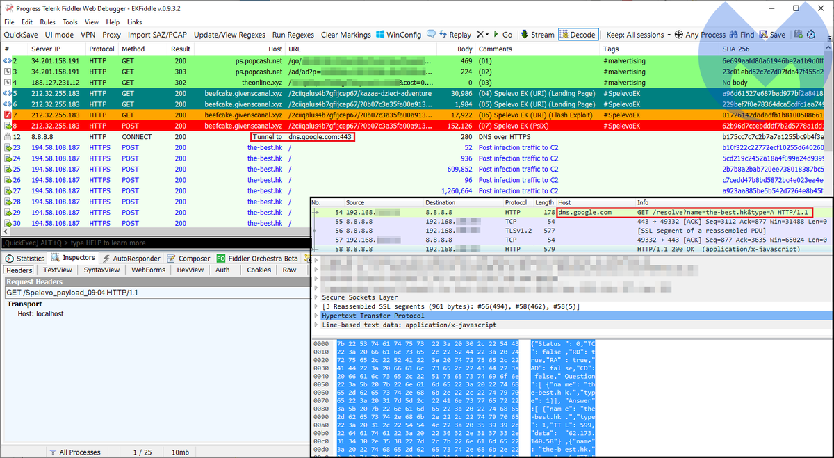 Threat_Down's tweet photo. #SpelevoEK dropping #PsiXBot via malvertising.
Post infection traffic shows use of DNS over HTTPS (also spotted by @seckle_ch).
- IOCs -
PsiXBot: 9ad882cb481d6f9fb2ea2f4e6195d9b7a8ba5076305767a3af0a0874da76e067
C2: the-best[.]hk,194.58.108[.]187 https://t.co/eIvvdkLyQw
