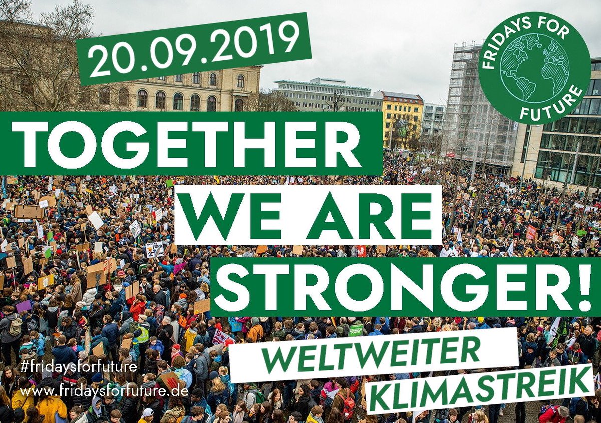 Am 20.09. heißt es #AlleFuersKlima und wir werden gemeinsam mit einem breiten Bündnis aus Bürger*Innen, Wissenschaft, Unternehmen, Gewerkschaften und Kirchenverbänden auf die Straße gehen #FridaysForFuture 🌍💚