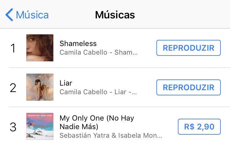 CamilaCabelloBR's tweet photo. “Shameless” atingiu o #1 (+1) no iTunes Brasil e “Liar” caiu para #2 (-1). https://t.co/S7fLZyDvfw