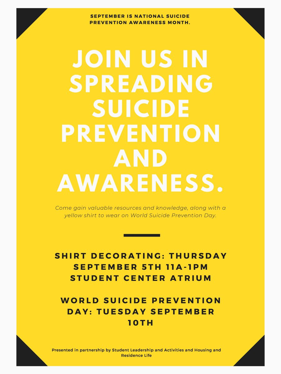 Stop by the Student Center Atrium today from 11a-1pm. Grab a free yellow shirt and some resources for World Suicide Prevention Day.