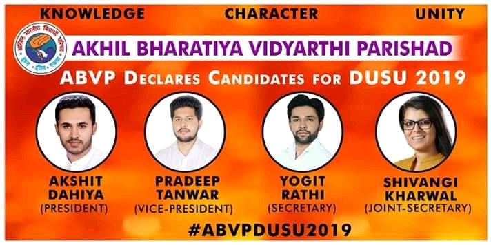 We are glad to announce our candidates who will be the face of Akhil Bharatiya Vidhyarthi Parishad in Upcoming #DUSUElection.
Vote Support & elect  Responsible, Credible , #StudentFriendly DUSU 
#ABVP4DUSU #DUSU2019