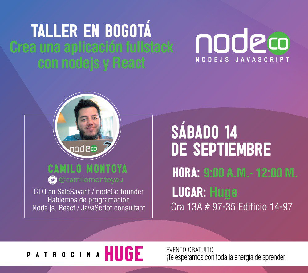 node_co's tweet image. Por primera vez!
estaremos en Bogotá
👉Workshop #fullstackJS con #nodejs y #react
para más detalles e inscripciones: 
bit.ly/nodecobog1
Este evento es totalmente gratuito y es posible gracias a nuestro patrocinador @hugeinc 
hugeinc.com