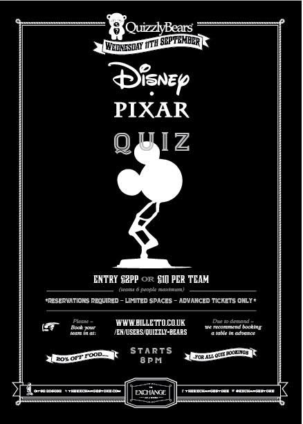 exchangestoke's tweet photo. Wednesday 11th Sep
Join us for one of the best themed quiz night around!
This month is the return of the Disney Quiz
There’s free popcorn, 241 cocktails and 20% off food for all quiz bookings!
Tickets sell out quick for this one guys so make sure to book yours https://t.co/Ndd7x2RL28