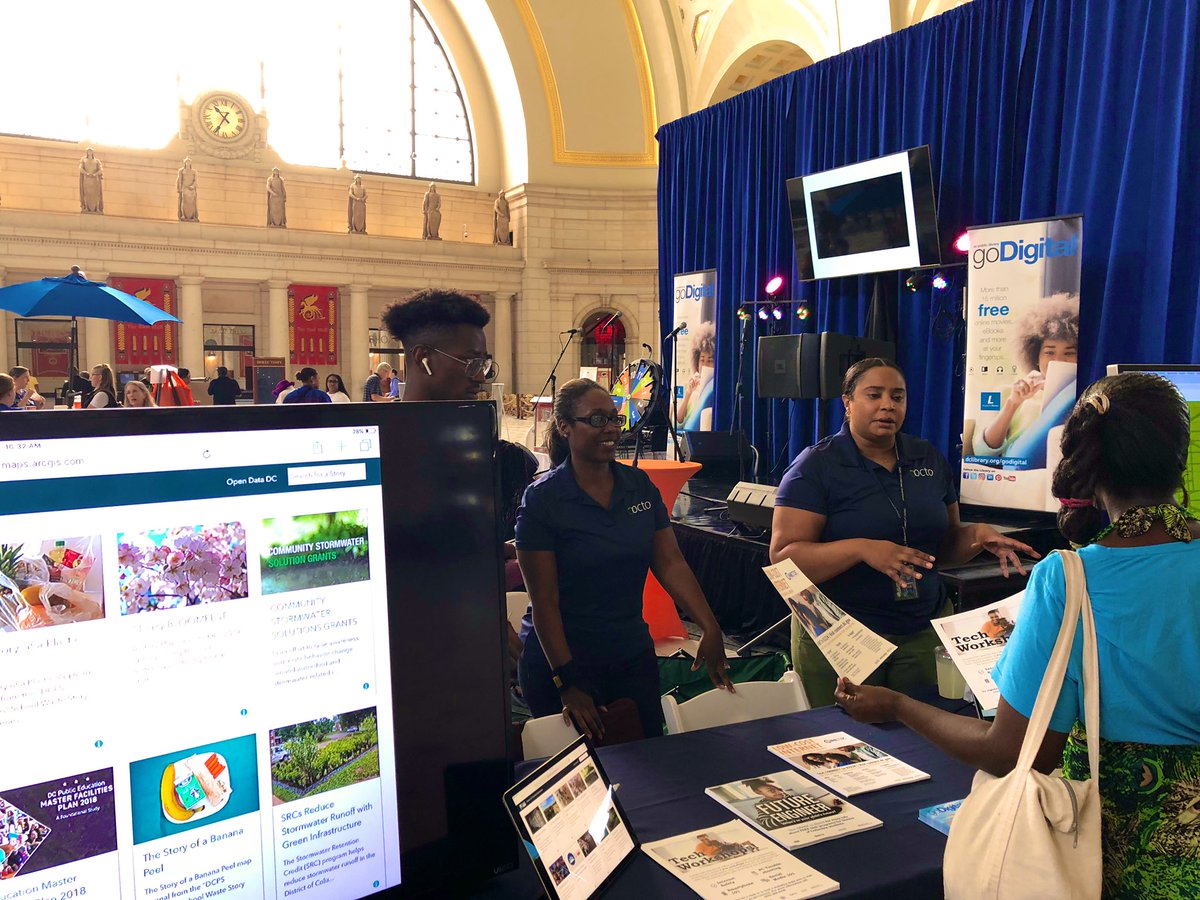 OCTODC's tweet photo. Team OCTO is hanging out w/ @dcpl all day at Union Station for #goDigitalLive from 11 to 4. Swing by, grab some swag, enjoy music and dance, and learn about our awesome digital services, open data, learning opportunities & more! https://t.co/kb5ti7yVO0