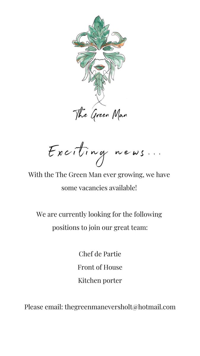V A C A N C I E S 👀 wanting to join our amazing Team here at The Green Man? With The Green Man ever growing we have some exciting new vacancies available! Get in touch by emailing us at thegreenmaneversholt@hotmail.com