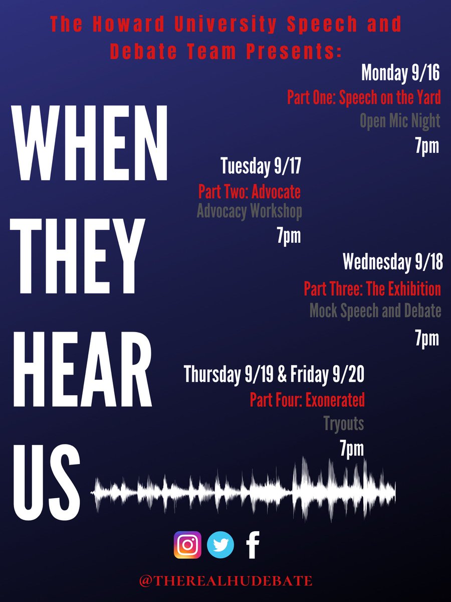 TheRealHUDebate's tweet photo. You’ve heard us, now it’s time to hear you. The Howard University Speech and Debate Team presents “When They Hear Us” the Recruitment week. Join us, as we revel in the art of Speech and Debate. Get with the Winning Team 🏆
#HUSDT #Howardspeaks @therealhudebate https://t.co/QUlacvFbRJ