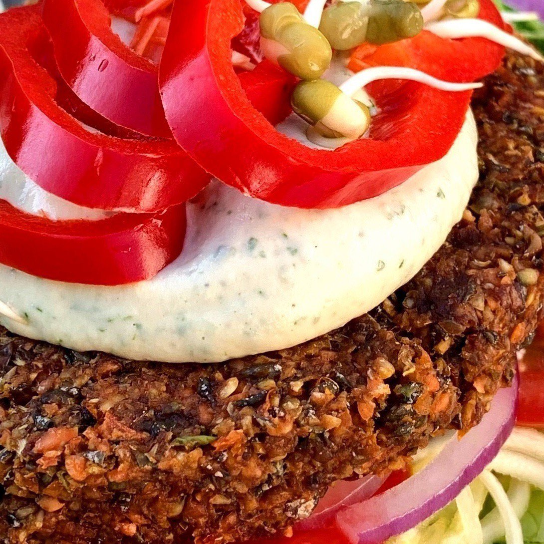 rawmother's tweet photo. Juicy Cumin Burgers with Coriander Dressing - #RAWMother #RawVegan #Vegan #PlantBased #VeganBurgers #HealthyEating #HealthyLiving https://t.co/kHf2AFeAk0 https://t.co/iYRHm2d4tA