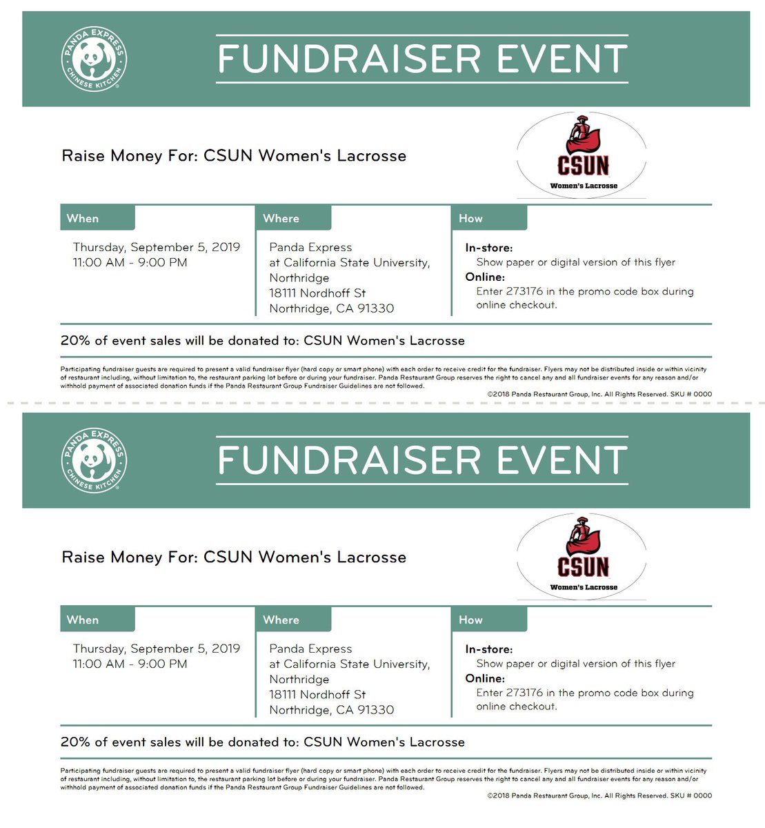 csunwlax's tweet image. Today we have a fundraiser all day on campus at the Panda in the Bookstore Complex from 11AM-9PM, come out and support today! Get to meet our club members 😊❤️🖤