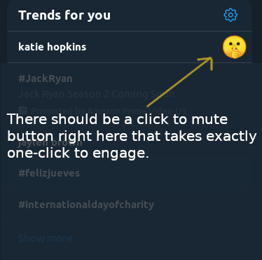 Trends should have a click to mute button so you don't have to keep seeing bullshit.