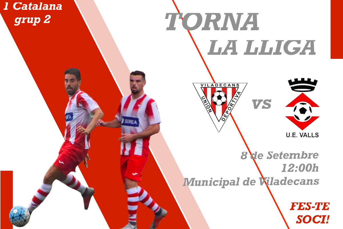 UEValls's tweet photo. 1CAT2| Arrenca la temporada 19-20 a PRIMERA CATALANA! Aquest diumenge tothom a Viladecans a lluitar pel primer partit de lliga! 

   ⚽️ UE Viladecans - UE VALLS
   📅 Diumenge 8 de Setembre
   🕛 A les 12:00 h
   📍 Municipal de Viladecans

Junts fem coses grans! 
FES-TE SOCI! https://t.co/sVeporqsf5