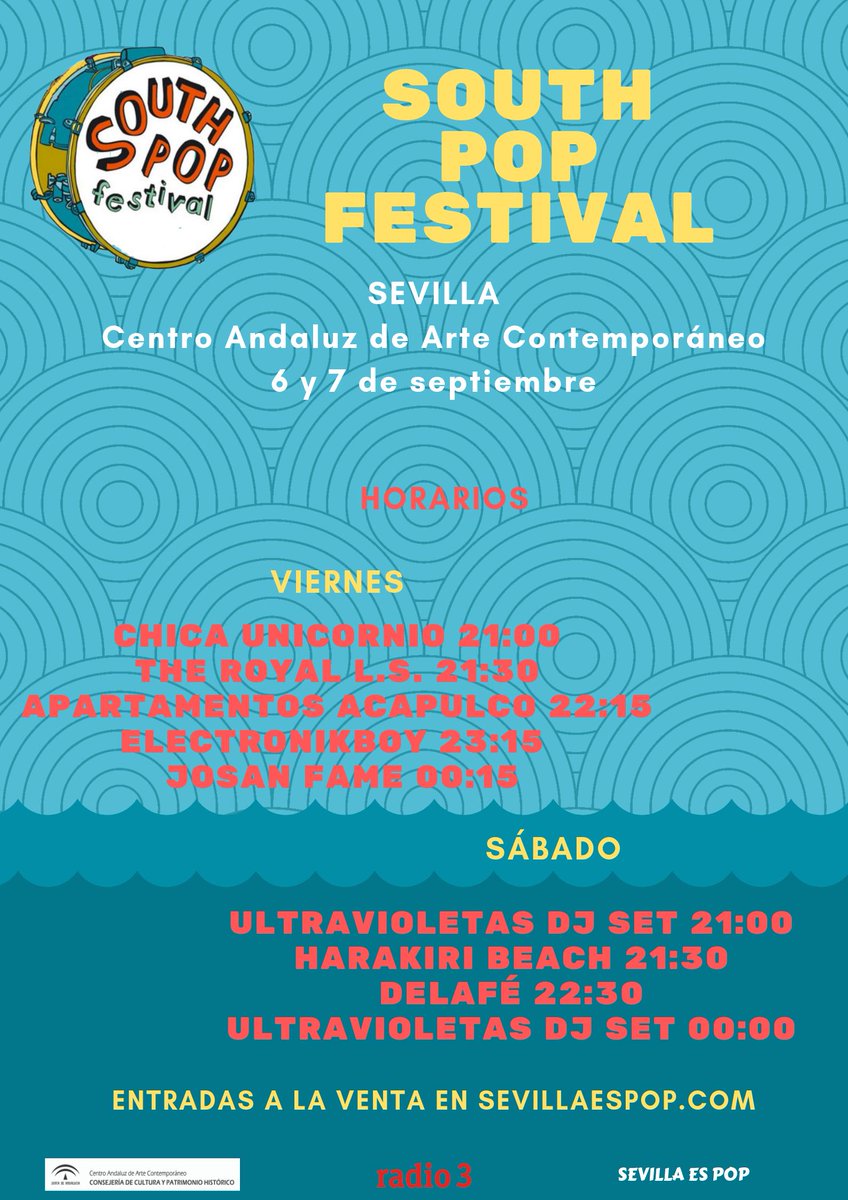 Aquí están los horarios para el <a href="/SOUTHPOPFEST/">SOUTH POP FESTIVAL</a> Sevilla 2019
Viernes 6 y sábado 7 en <a href="/caac_sevilla/">CAAC - Centro Andaluz de Arte Contemporáneo</a> desde las 21:00 con #Delafé <a href="/DFAmusic/">Delafé y Las Flores Azules</a> <a href="/aptos_acapulco/">ApartamentosAcapulco</a> <a href="/_ELECTRONIKBOY/">Electronikboy</a> <a href="/HarakiriBeach/">HARAKIRI BEACH</a> <a href="/SEVILLAesPOP/">SEVILLAesPOP</a> 

Entradas a la venta en sevillaespop.com
Viernes 7 €, sab o abono 13 €