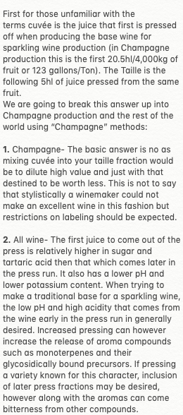 EnoQuestions's tweet photo. One for people still harvesting fruit for sparkling wine. Feel free to add your thoughts!

Question: Can the solids from cuvée and taille juice be used to boost the quality of taille-made sparkling wine (if Champagne press fractions are used)?
#enoquestions #winemaking
Answer: https://t.co/yPX5WEx2n3