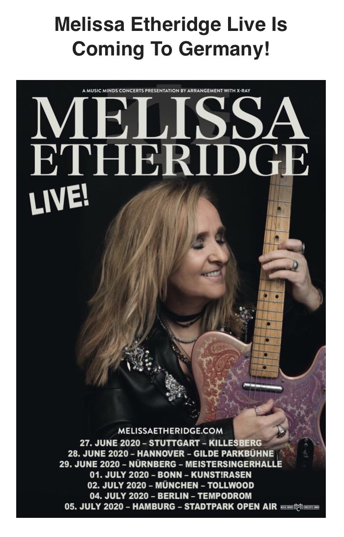 MEIN_Fan_Club's tweet photo. NEW GERMAN DATES ANNOUNCED
Melissa Etheridge Live Is Coming To Germany!

Melissa Etheridge is happy to announce that she will be bringing her incredible live show to Germany next year. 

Fan Club Members Pre-Sale: Thursday, 5 Sept 2019 at 10am local time

https://t.co/w9JX9nR0Ij https://t.co/H60FySW1IS