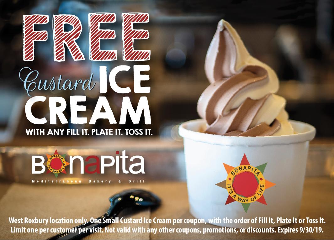 'Like' this post, and we'll give you a FREE Custard Ice Cream with any Fill It. Plate It. or Toss It. at our West Roxbury location. Get your coupon here: buff.ly/2Lu0X1b #EatBONAPITA #BONAPITA #CustardIceCream #WestRoxbury #Boston