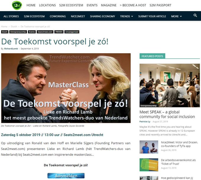 RichardLamb's tweet photo. De Toekomst voorspel je zó!

Op uitnodiging van @RvandenHoff en @MSijgers (Founding Partners v https://t.co/IOo7sHGXRj) presenteren @LiekeLamb en @RichardLamb bij @S2M030 #Utrecht zaterdag 5 oktober n unieke #Masterclass #TrendStrategie.

Lees verder op… https://t.co/lPmkkd9cVq https://t.co/v59K3MS5tt