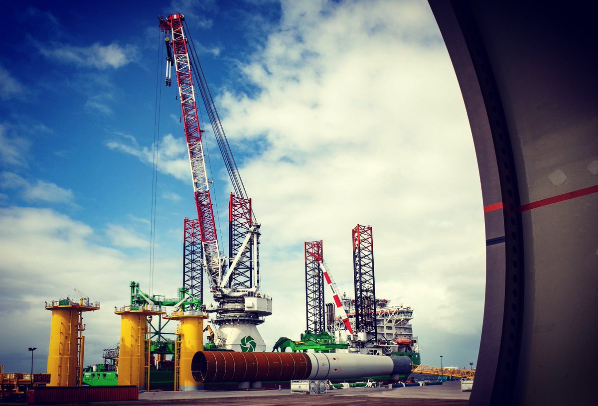 DEMEgroup's tweet photo. Construction starts at Belgium’s largest offshore wind farm. Our installation vessel ‘Innovation’ has arrived at SIF’s Maasvlakte terminal in Rotterdam to load the first foundations and transition pieces for the SeaMade offshore wind farm. #Otary #SeaMade #SIFGroup #windenergy https://t.co/teE2Uq3mAE