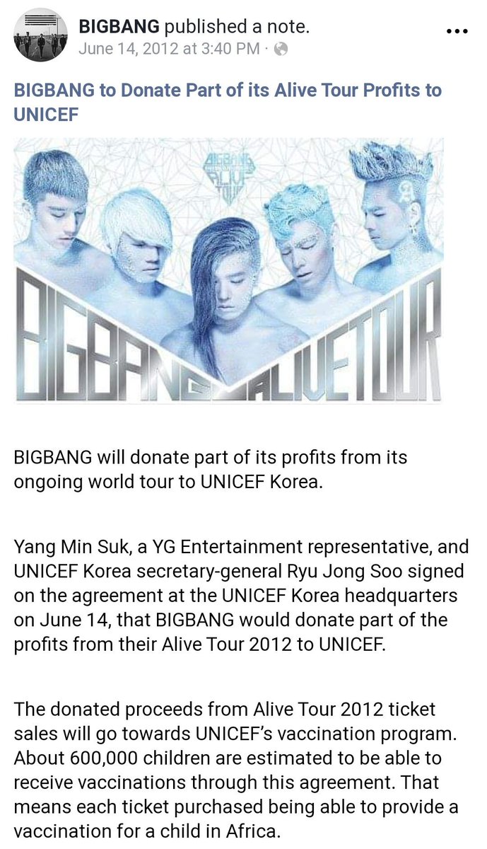 Bigbang donating part of its Alive Tour profits to UNICEF Korea