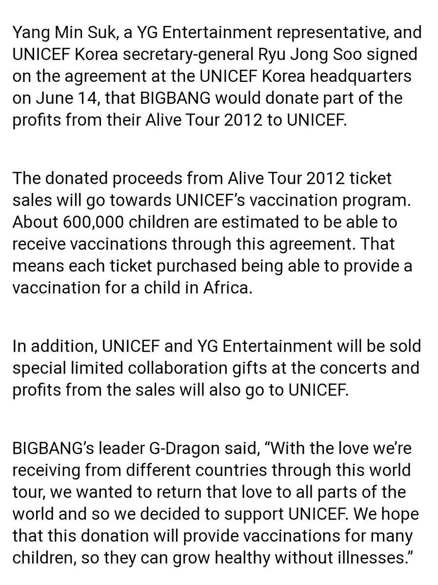 Bigbang donating part of its Alive Tour profits to UNICEF Korea