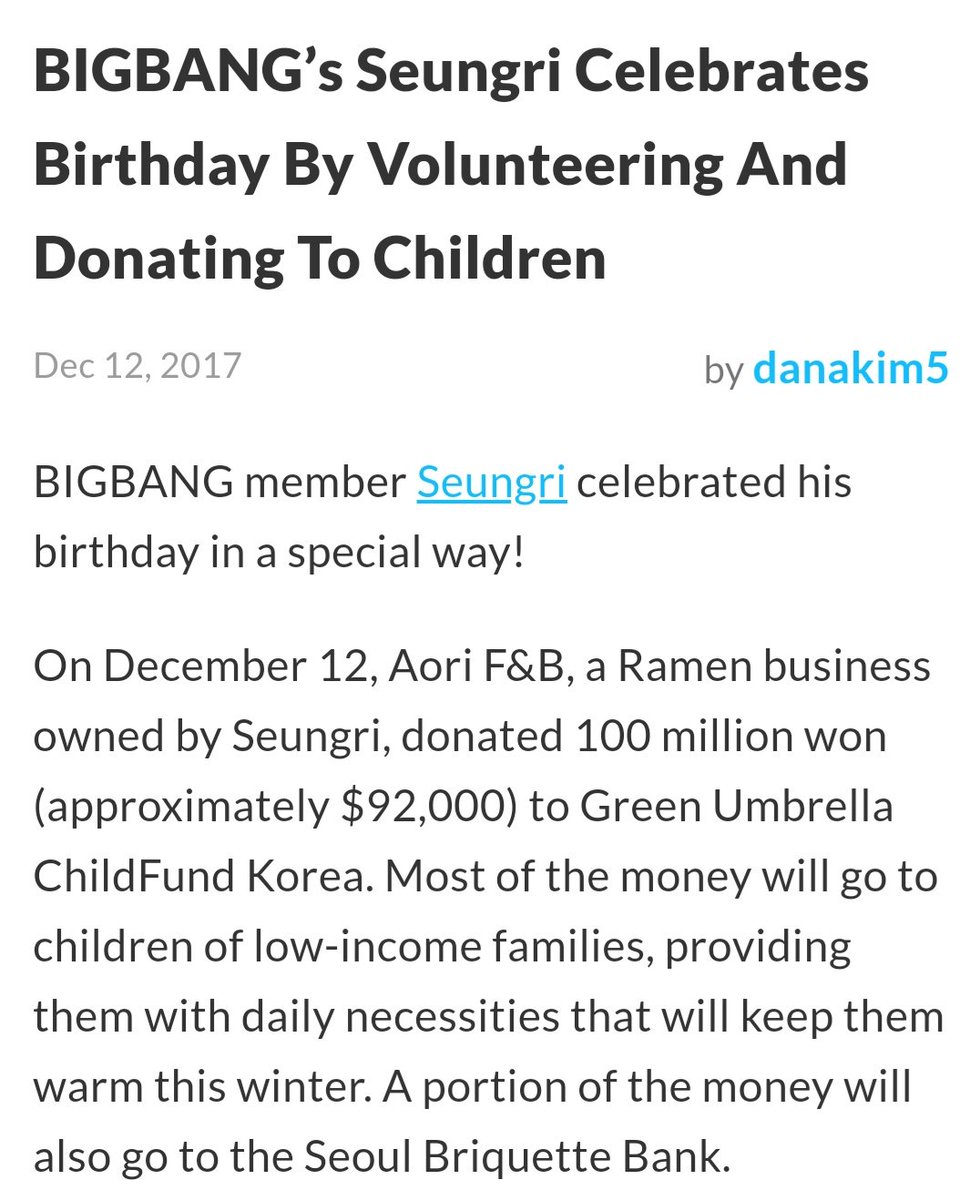 Seungri celebrated his birthday by making a donation and volunteering