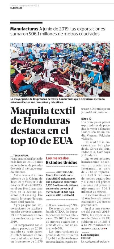 honduras2020's tweet photo. Honduras aparece en la décima posición en el último informe de la OTEXA, por ser uno de los mayores exportadores de prendas de vestir a EUA. https://t.co/WGWj0F4Fzj