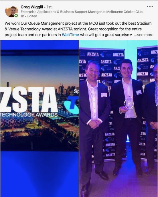 TheWaitTimes's tweet photo. A big congrats to the @MCG for winning Best Stadium & Venue Tech Award with their deployment of @TheWaitTimes at the #ANZSTA Awards Ceremony last night! Letโs keep #innovating together ๐๐ฏ๐ช๐ผ https://t.co/8rN0a5frzi