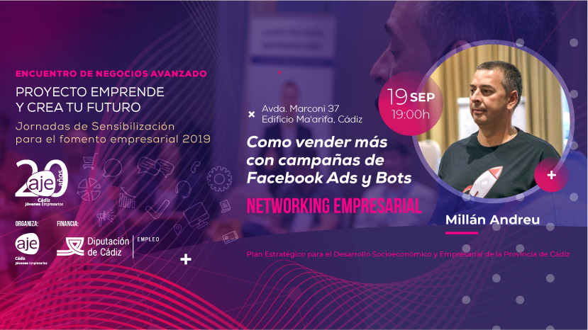 ajecadiz's tweet photo. 🤩🤩Nuevo #eventoAJE #EmprendeyCreatufuturo, el próximo 19 de septiembre, dentro de las Jornadas de Sensibilización para el Fomento Fmpresarial de @diputacioncadiz  🔜 "Cómo vender más con campañas de #FacebookAds y #Bots", con Millán Andreu.

Inscríbete¡ https://t.co/v7VLHpUCja https://t.co/UwPHVIKHkP