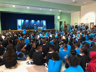 BridgesProgram's tweet photo. Bridges students (and staff who made it there) had a great time at the Panthers Back-to-School rally @CreechRoadElem !  #thanksPanthers https://t.co/s3BNOhYWJK