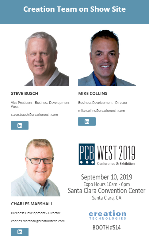 creationtech's tweet photo. 5 days till #PCBWest2019! Feel free to reach out in advance if you'd like a private meeting with one of our experts on site. #whycreation #events #ElectronicsManufacturing #designformanufacturing https://t.co/XFaPWLt5cv
