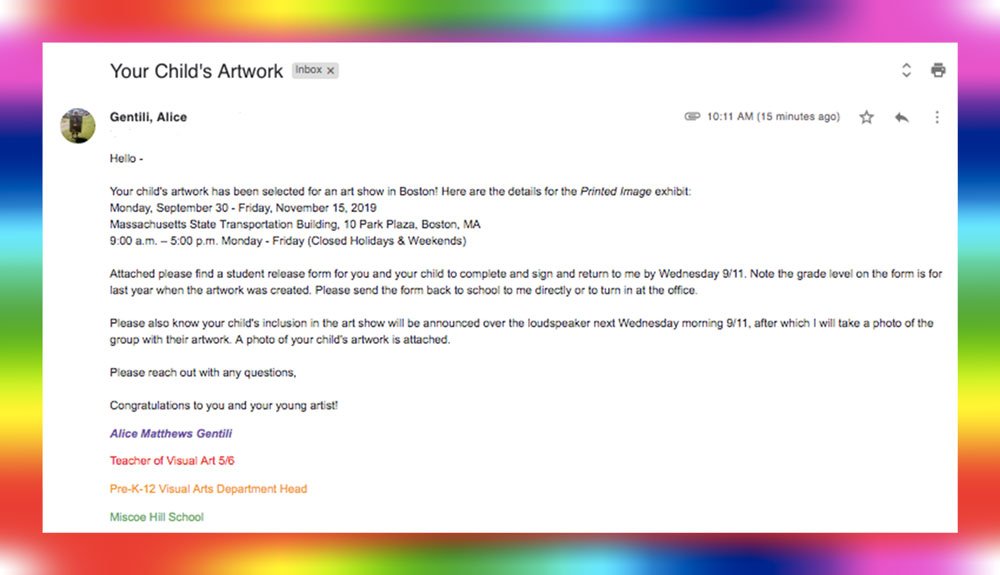 MonaLisaLvsHeah's tweet photo. I just 💜 sending congratulatory emails to the parents/guardians of my students! Artwork from 10 of last year's 5/6 grade #art students will be on display in #Boston starting 9/30 in the @MassArtEd #PrintedImage show.  Names &amp; photos next week! #artsed #MiscoeHill #MURSDVisualArt https://t.co/e3lV1gZ3Tu