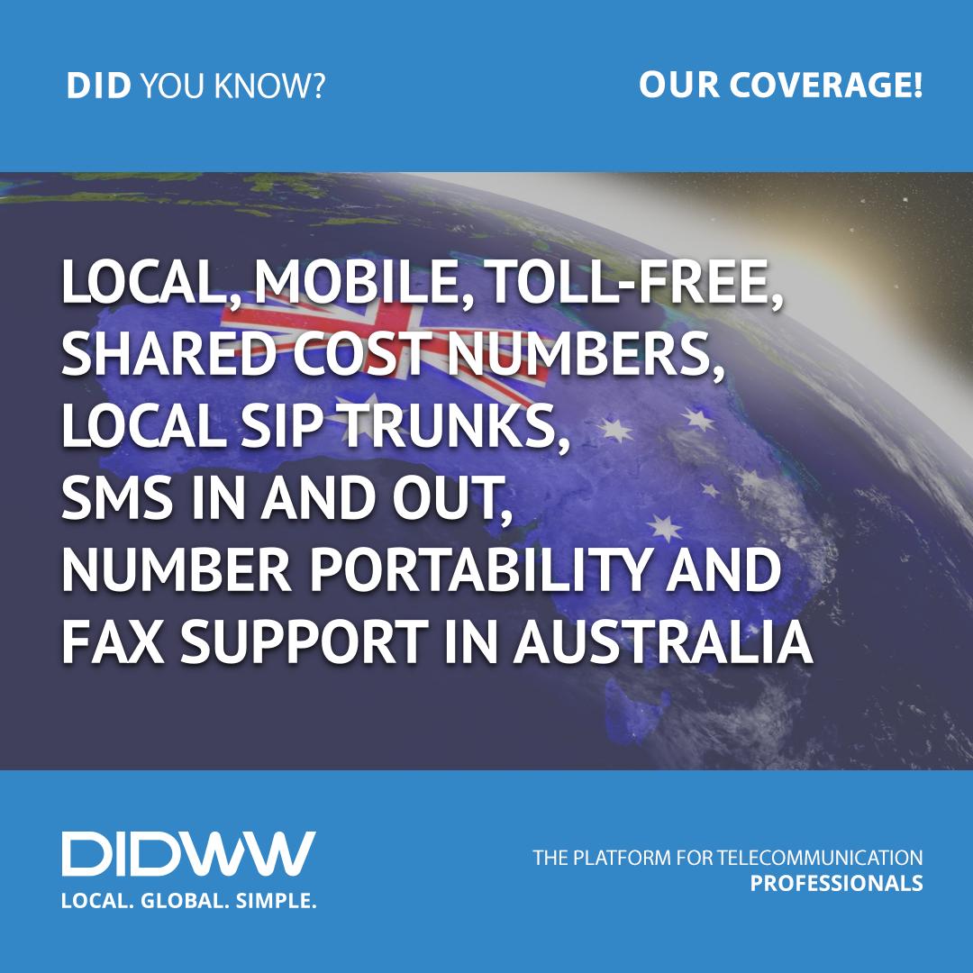 DIDWW's tweet image. #DIDWWCoverage #Australia #LocalNumbers #MobileNumbers #TollFreeNumbers #SharedCost #LocalSIPTrunks #SMSInOut #NumberPortability #FaxSupport #Telecommunication