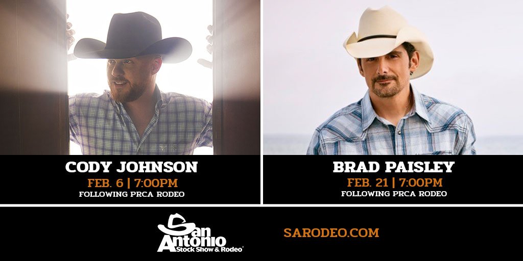 SanAntonioRodeo's tweet photo. Did you hear the news? @codyjohnson and @BradPaisley will be performing at the 2020 Rodeo! Get your tickets now —> https://t.co/cdQVWQGYtN https://t.co/OmbeMESdqk