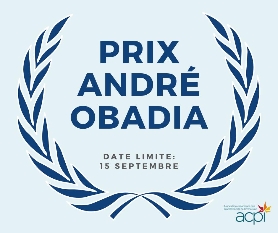 PLUS QUE 10 JOURS!

Reconnaissez le dévouement d'un professionnel de l'immersion qui se démarque par l'excellence en enseignement immersif! Vous avez jusqu'au 15 sept. pour soumettre une candidature au Prix André Obadia.

⬇️ Détails et formulaire  ⬇️
acpi.ca/concours/prix-…